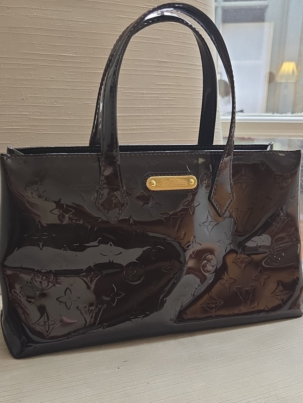 Louis Vuitton Brown Patent Vernis Monogram Tote with Gold Plaque
